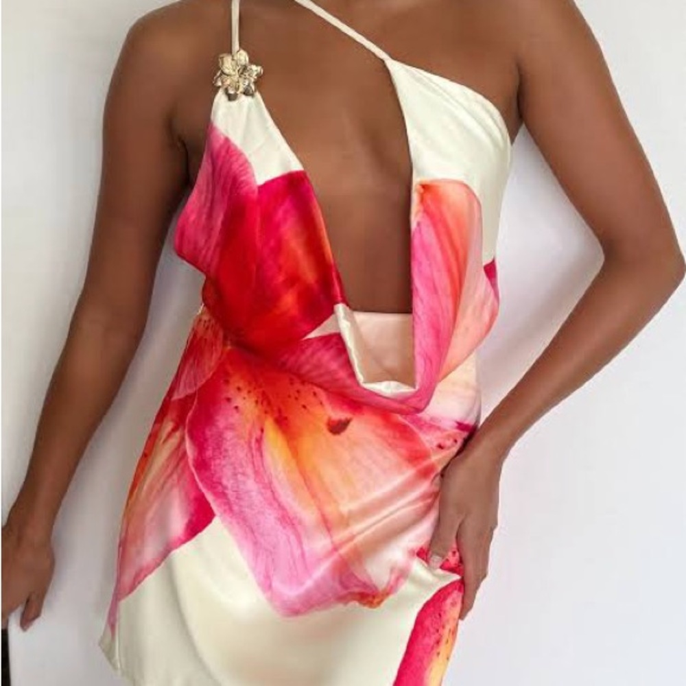 Peppermayo Cream Mini Dress with Pink and Orange Floral Print - Picture 2 of 6